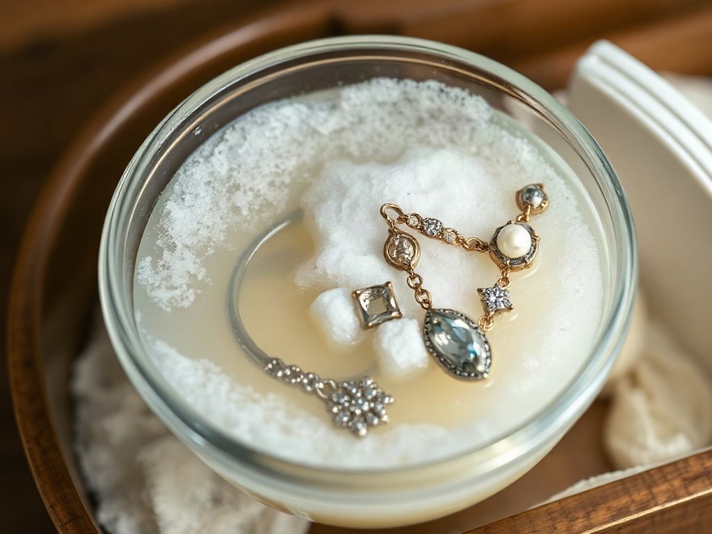 Chén nước ấm và xà phòng nhẹ để làm sạch trang sức