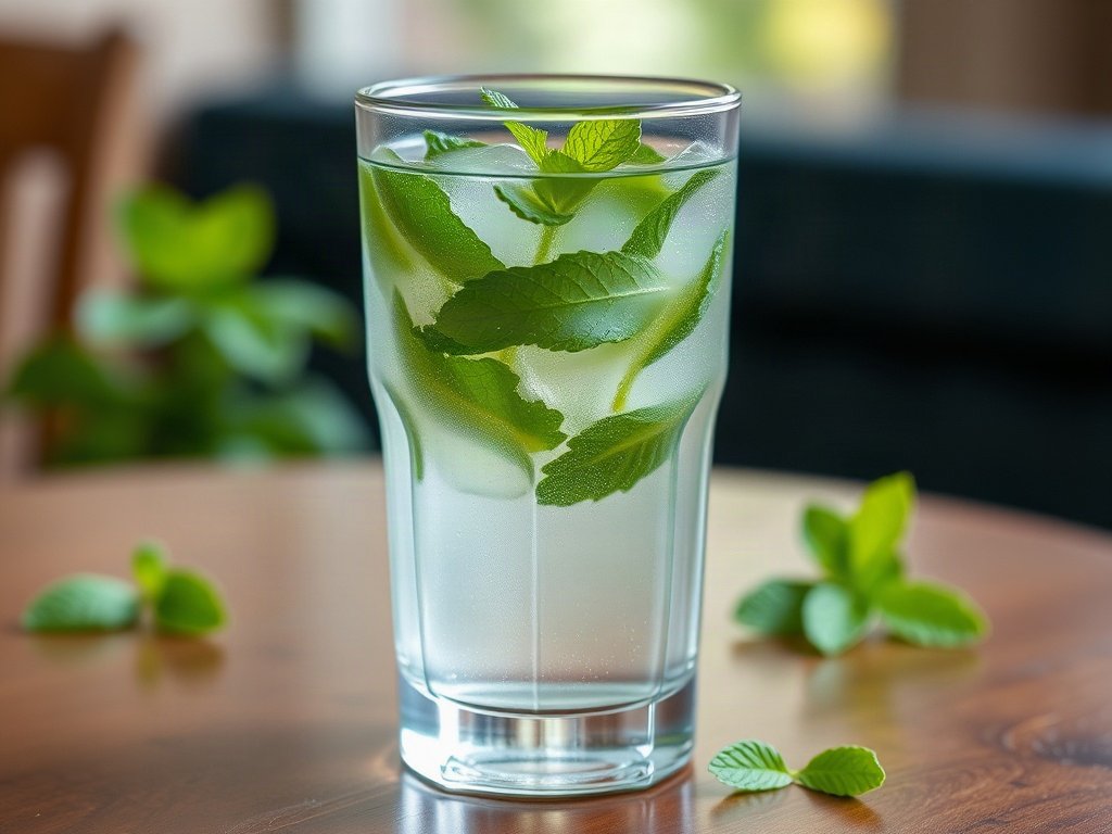 Cốc nước infused bạc hà trên bàn