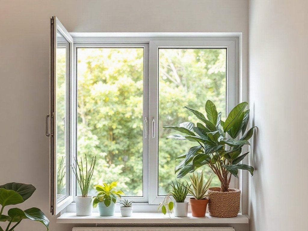 Cửa sổ mở trong nhà có cây cảnh, thể hiện phương pháp lọc không khí tự nhiên