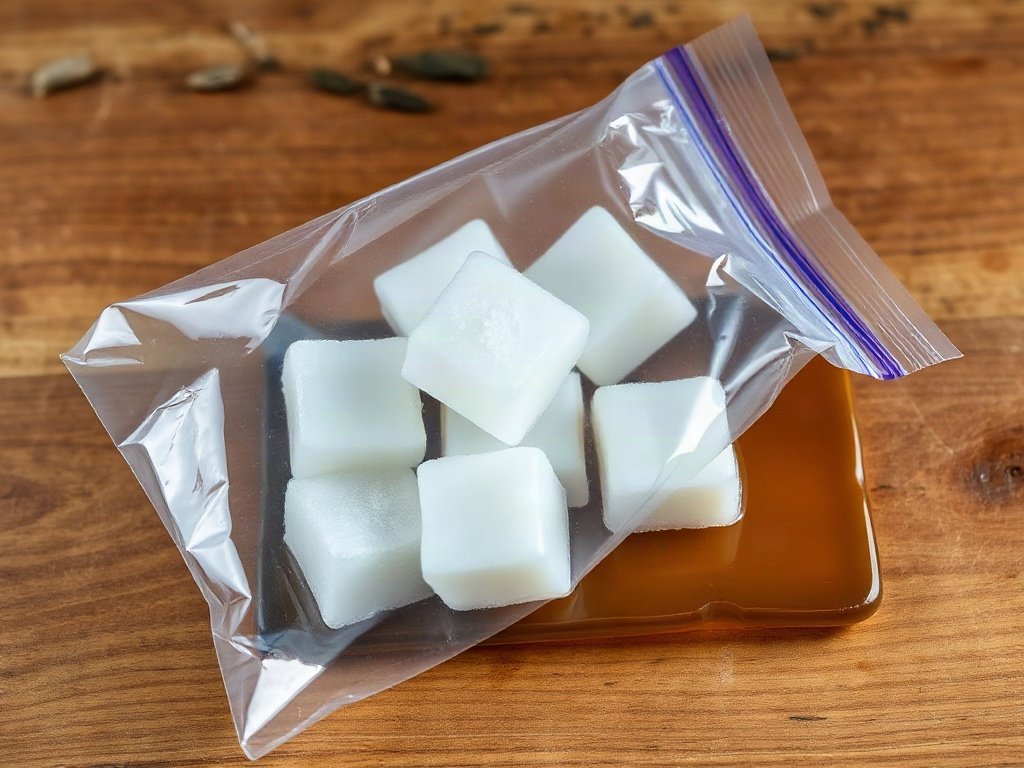 Đá lạnh làm đông sáp trên gỗ trước khi gỡ.