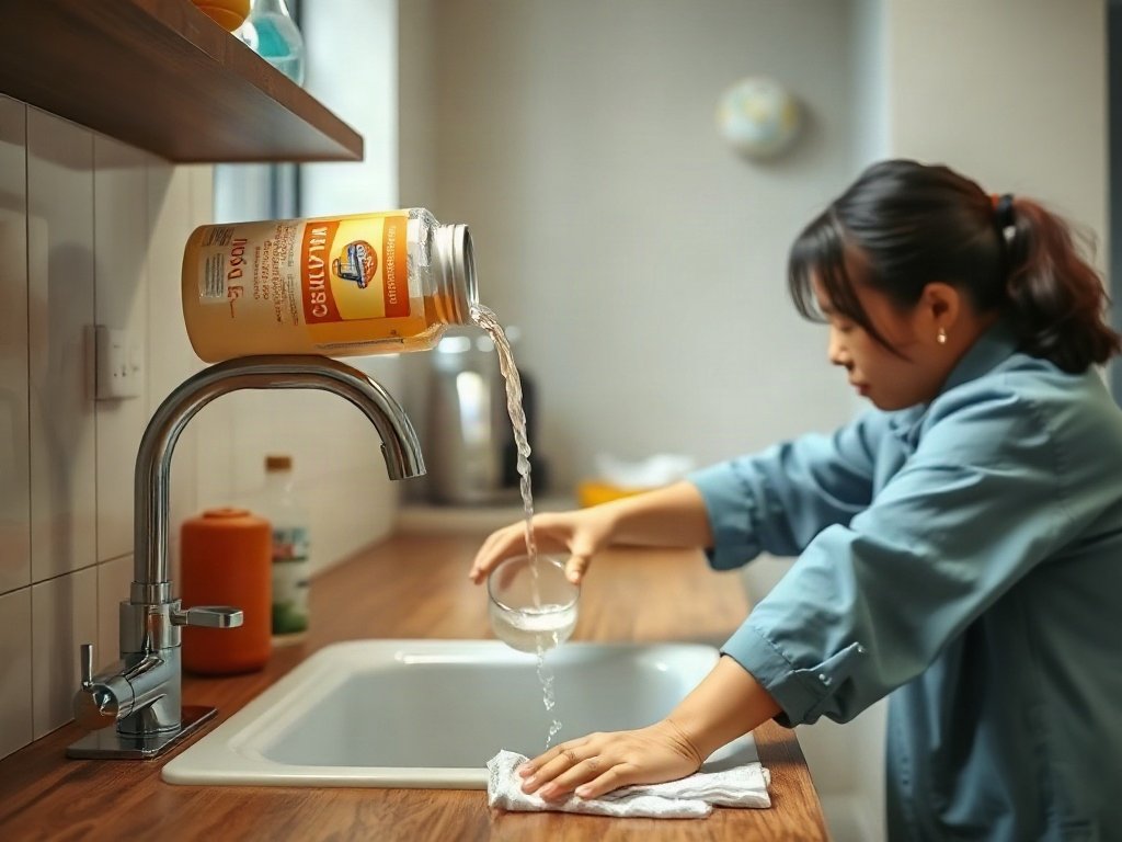 Đổ baking soda và giấm vào bồn rửa bát.