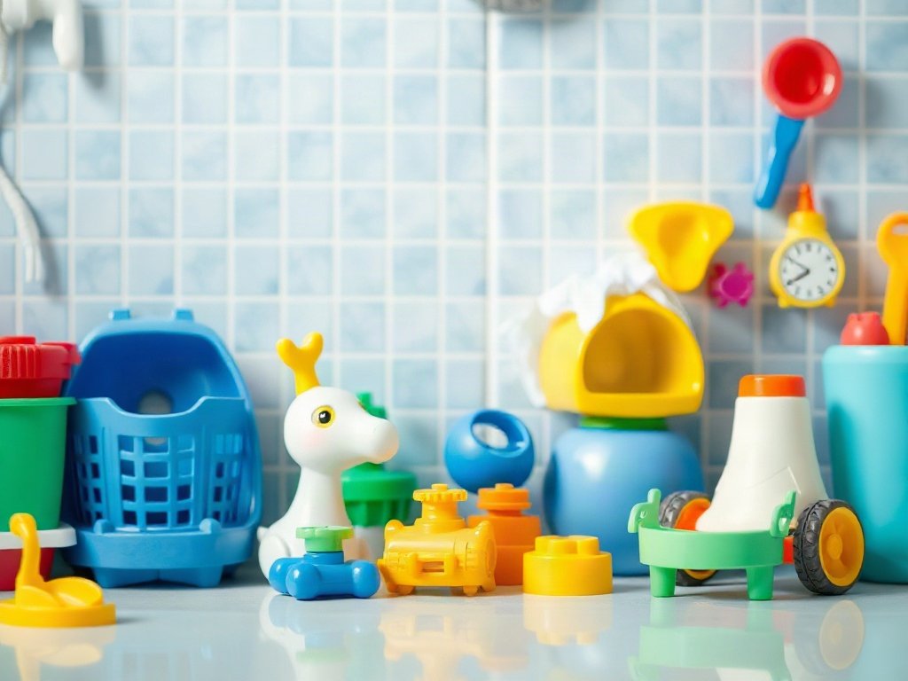 Đồ chơi nhựa sạch sáng, nhấn mạnh sự vệ sinh và an toàn cho trẻ.