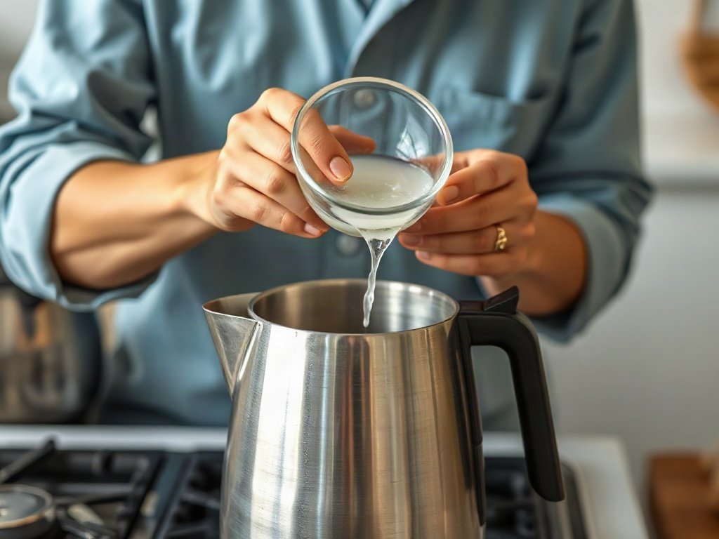 Đo lường và đổ giấm trắng vào ấm siêu tốc