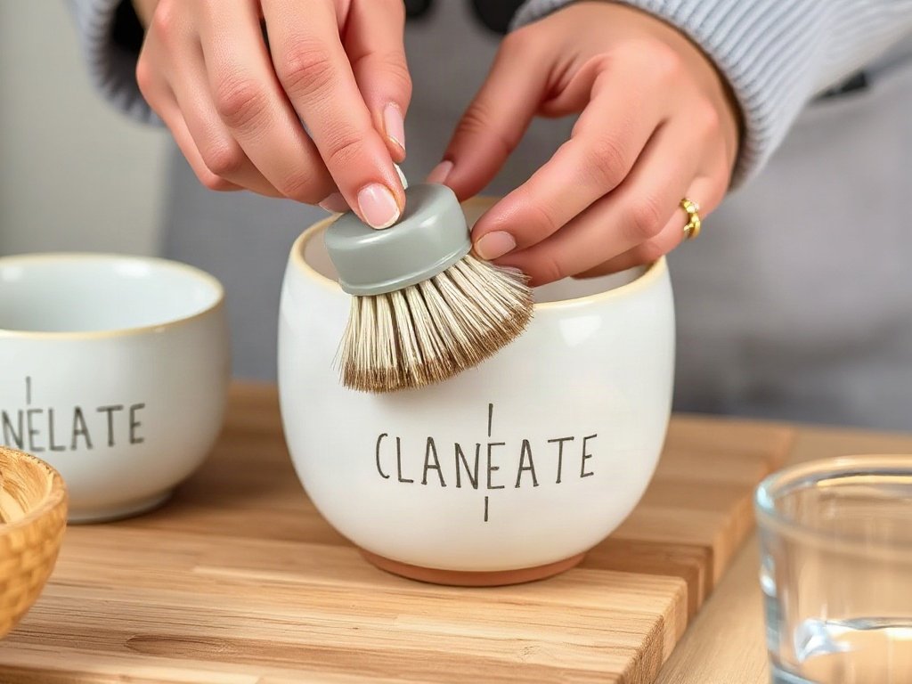 Đôi tay nhẹ nhàng dùng cọ mềm làm sạch gốm sứ.