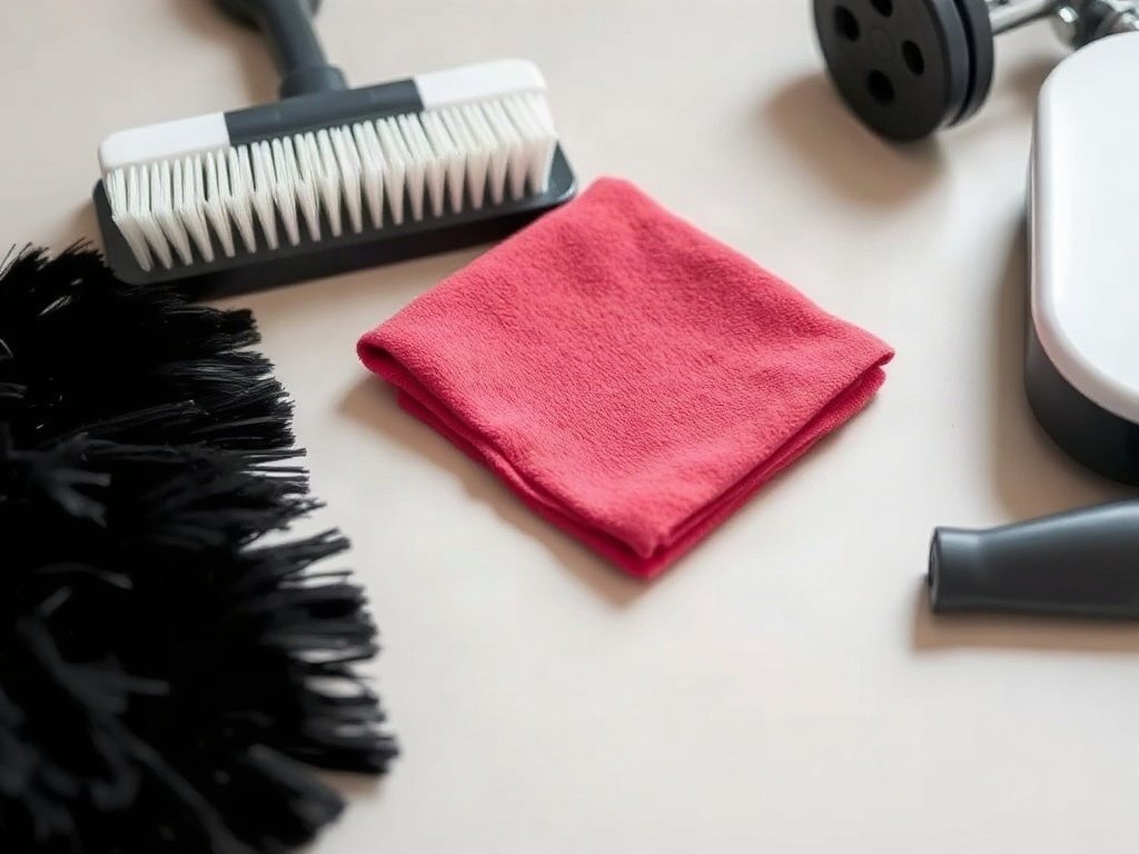 Dụng cụ vệ sinh như bàn chải mềm, khăn sợi microfiber trên bàn