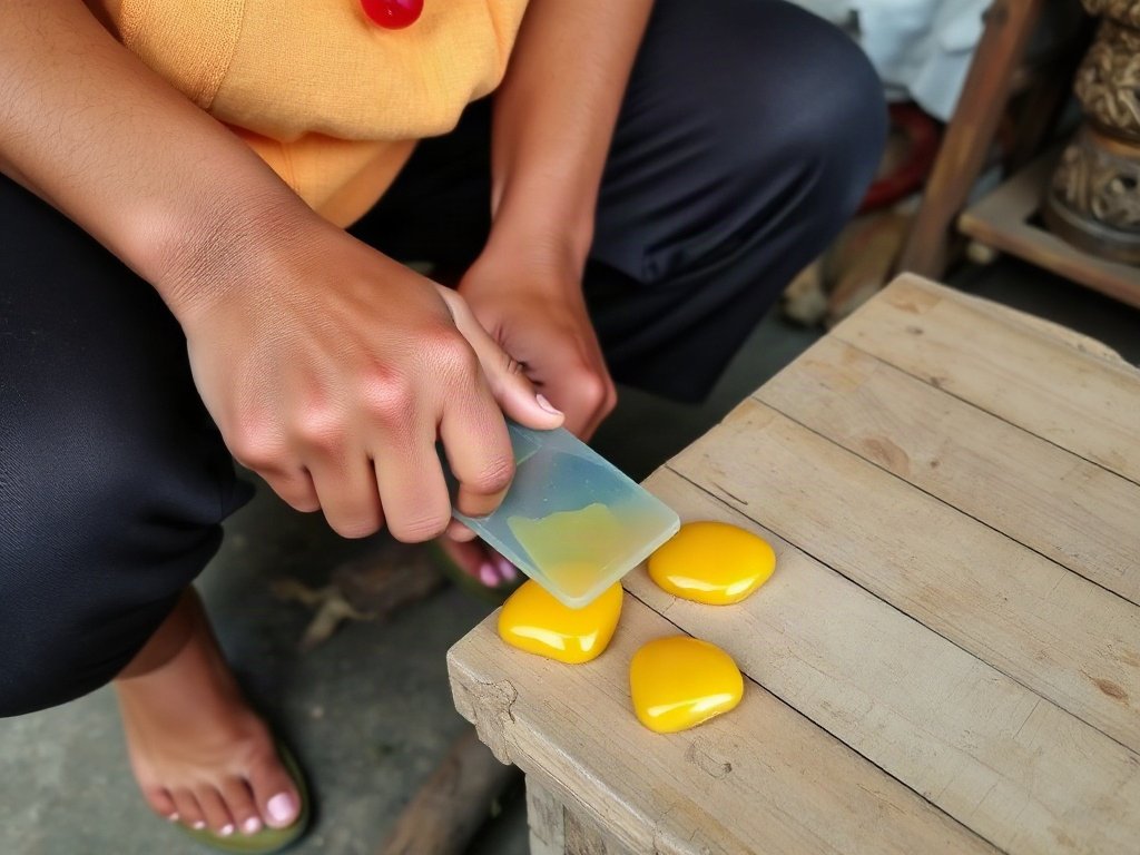 Dùng dao nhựa cạo sáp nến trên gỗ.