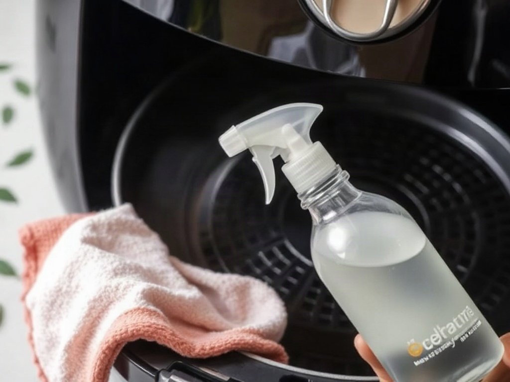 Dung dịch làm sạch phun lên khăn bên cạnh nồi chiên không dầu.