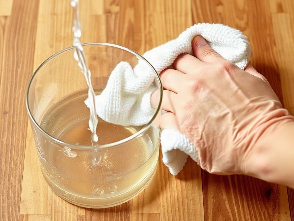 Dùng khăn và nước nóng làm sạch sáp trên bề mặt gỗ.