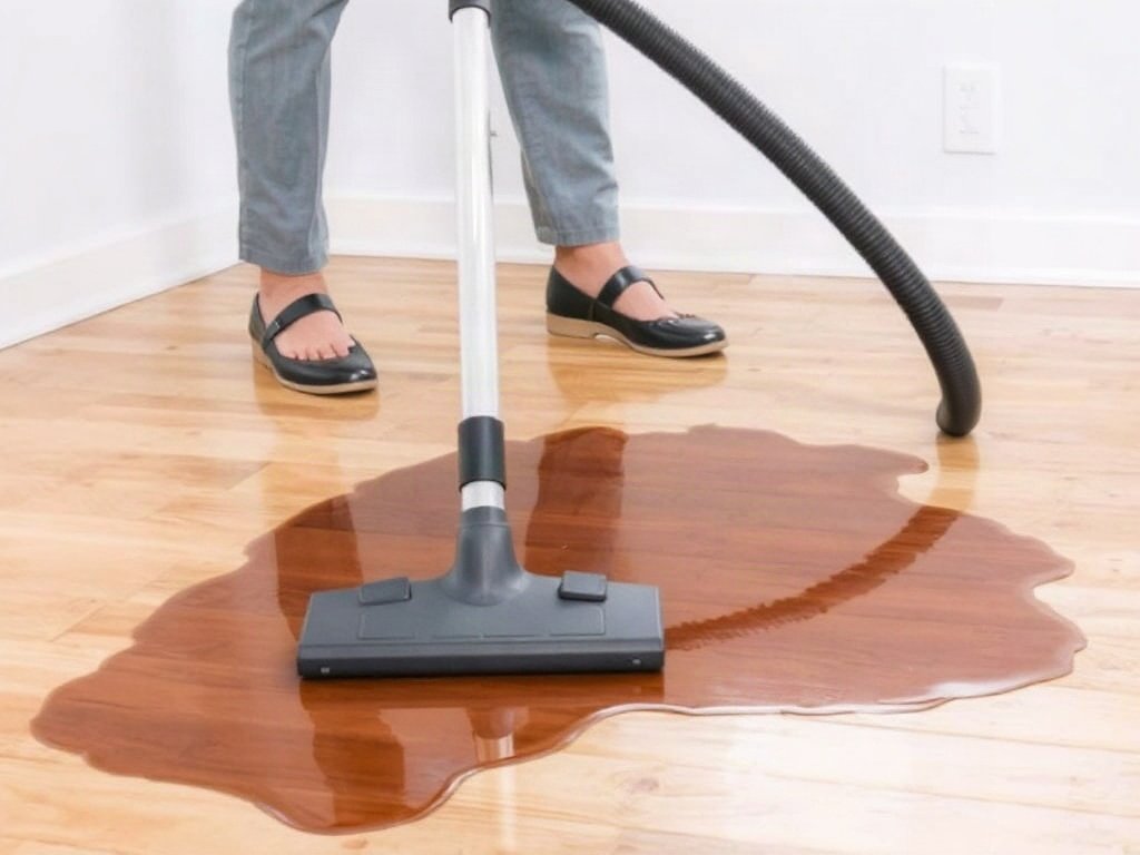 Dùng máy hút bụi xử lý vết sáp trên sàn gỗ.