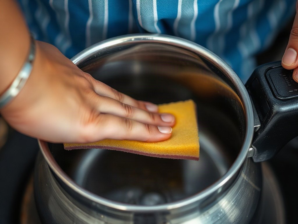 Dùng miếng cọ mềm chà rửa trong ấm siêu tốc