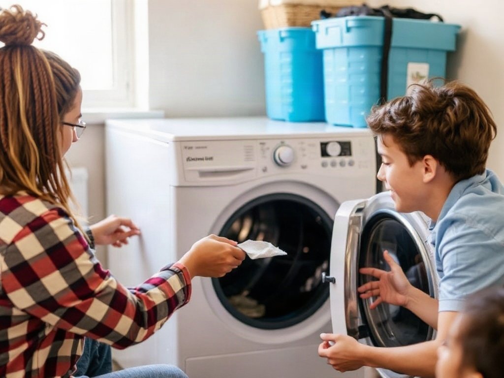 Gia đình kiểm tra hoạt động máy sấy quần áo sau khi vệ sinh.