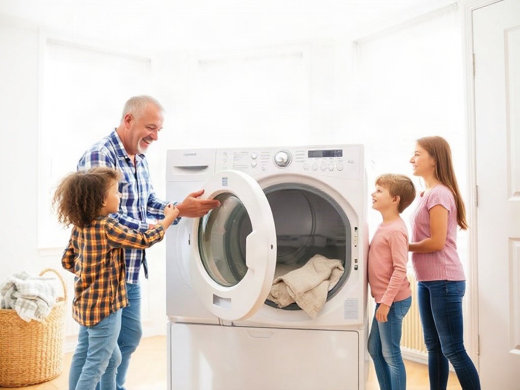 Gia đình kiểm tra máy sấy quần áo sạch trong phòng sáng sủa.