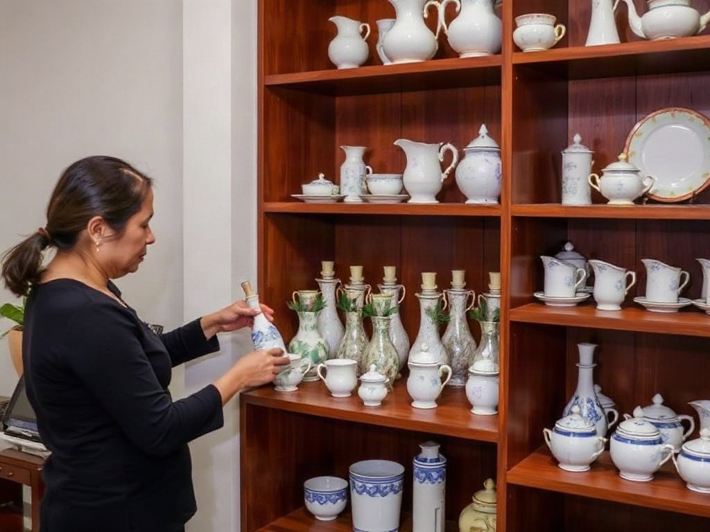 Gia đình ở Việt Nam sắp xếp trưng bày các vật phẩm sứ đã làm sạch trên kệ gỗ.