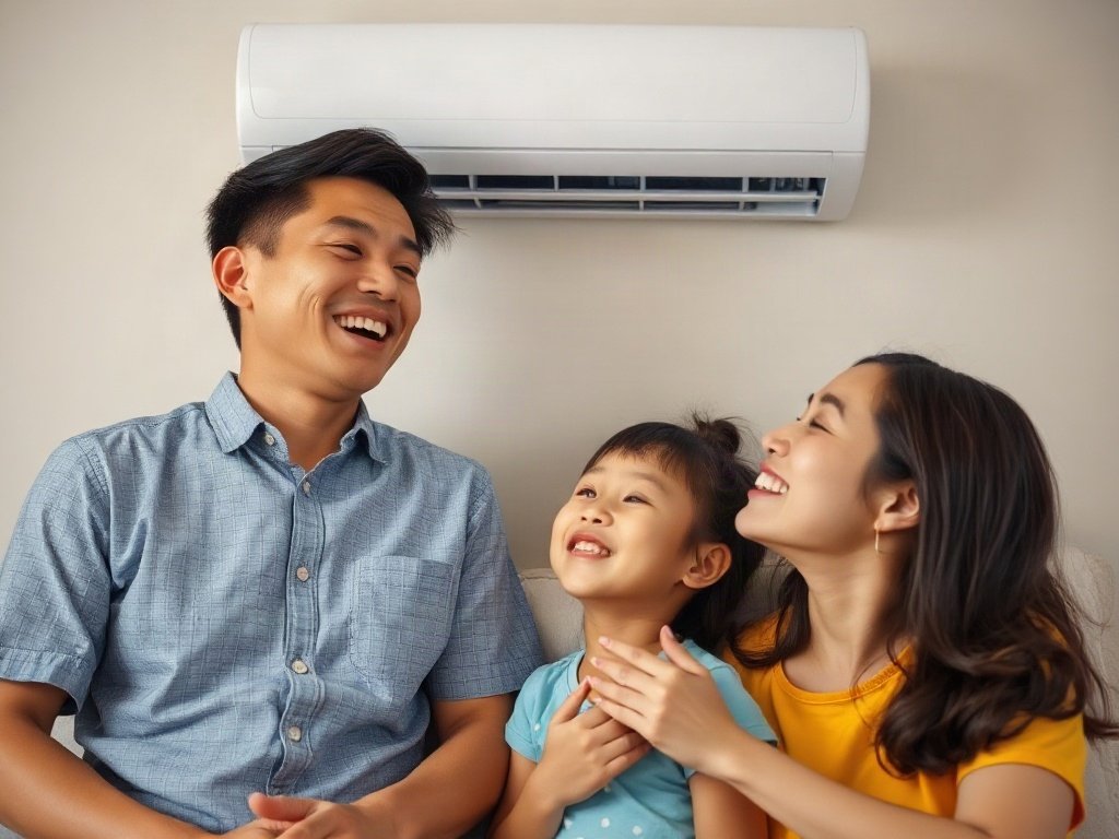 Gia đình Việt Nam vui vẻ với máy lạnh sạch sẽ.