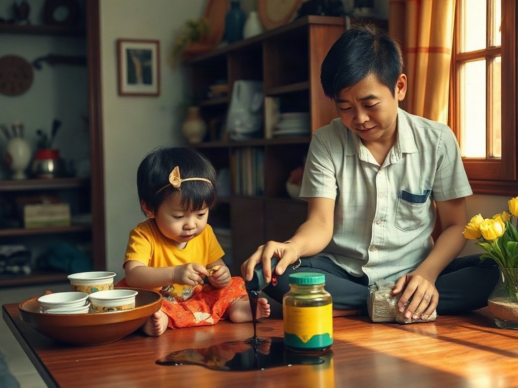 Gia đình Việt với trẻ em làm đổ mực tại nhà