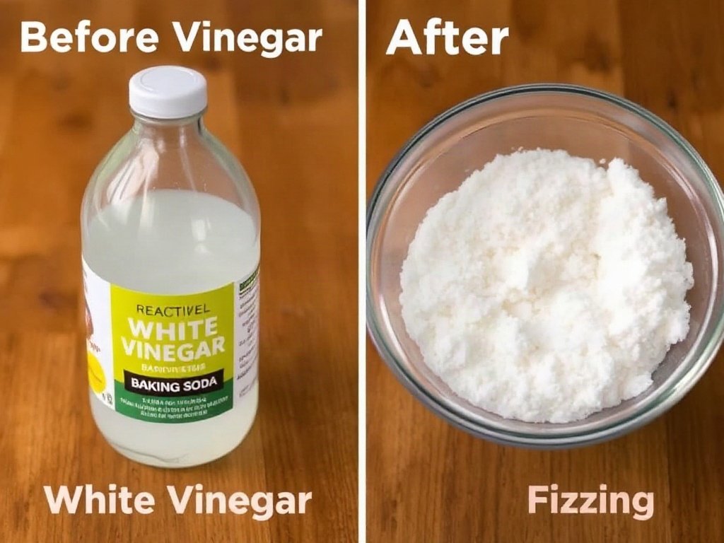 Giấm trắng và baking soda trước và sau khi trộn, hiển thị phản ứng sủi bọt.