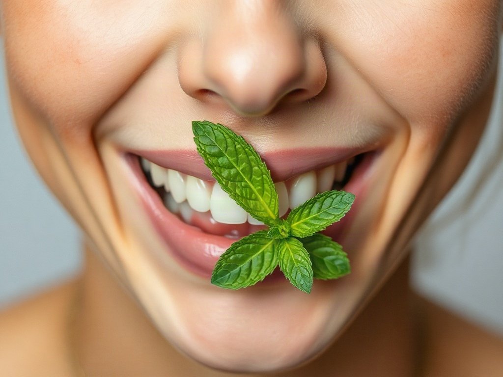 Hình của một người cười với lá bạc hà