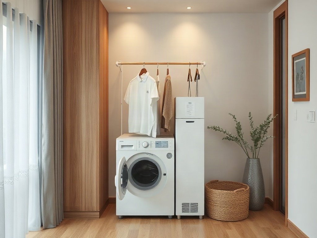 Hình ảnh toàn cảnh máy sấy quần áo gỗ sồi tự nhiên trong không gian sống hiện đại.