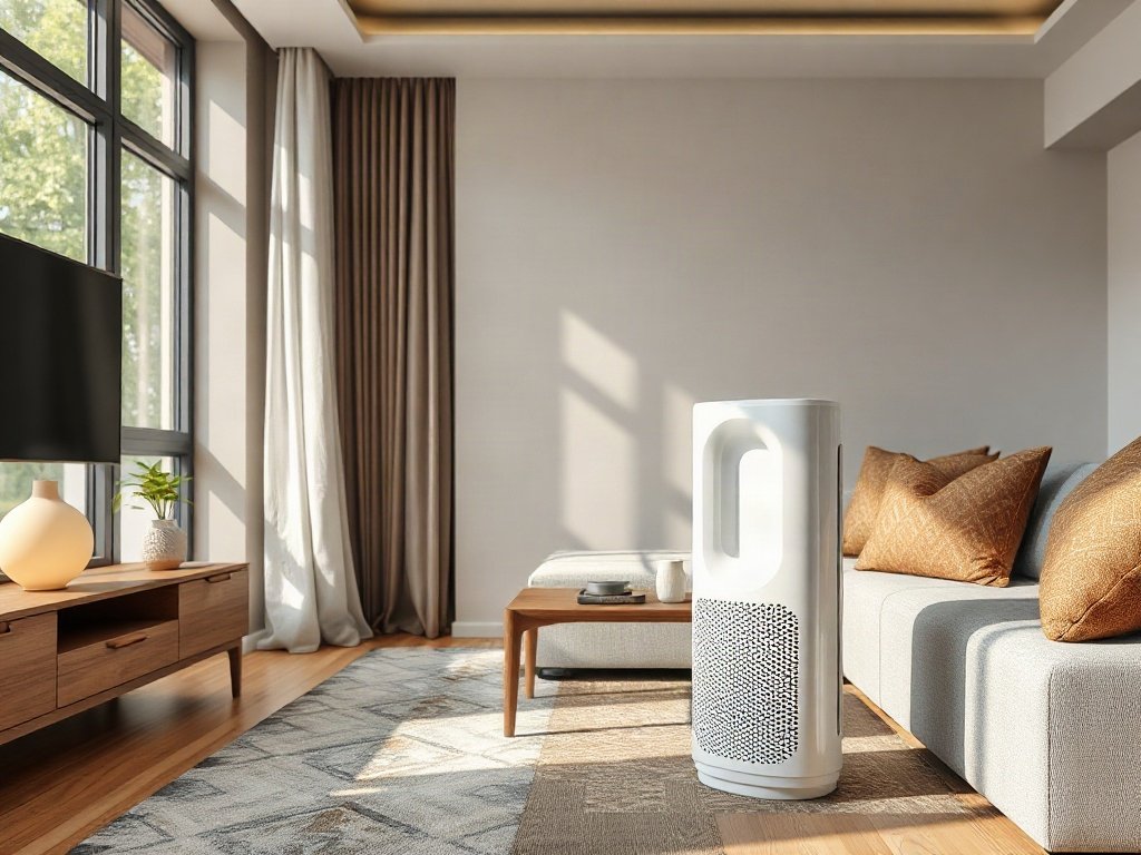 Máy lọc không khí mini trong phòng khách Việt Nam hiện đại.