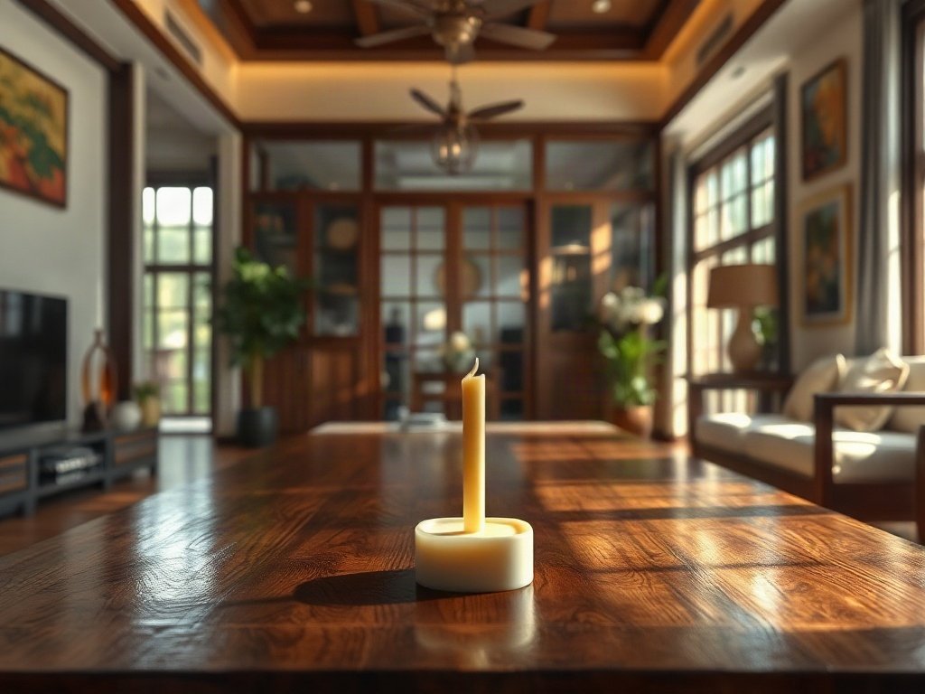 Đồ gỗ dính nến trong phòng khách Việt Nam ánh sáng tự nhiên.