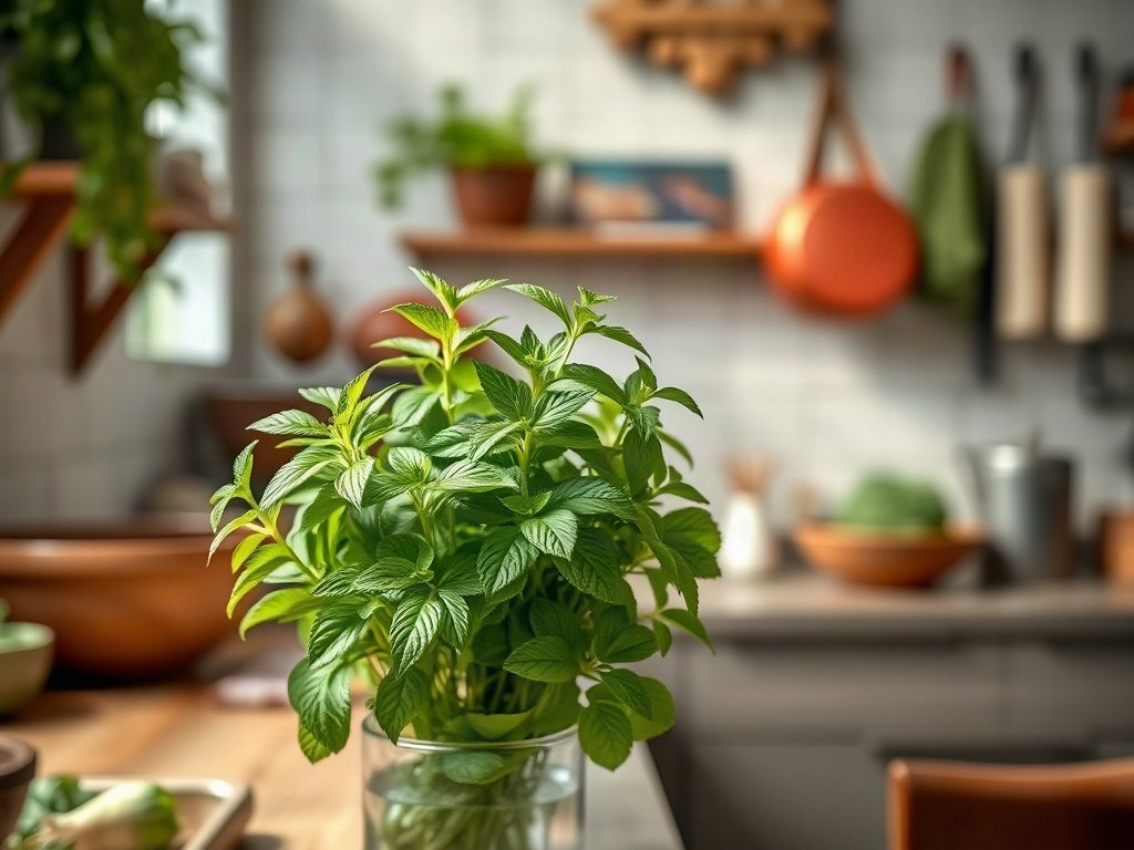 Lá bạc hà tươi trong căn bếp kiểu Việt Nam, ánh sáng tự nhiên