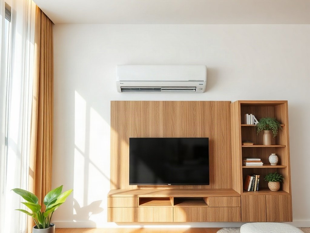 Máy lạnh treo tường trong phòng khách hiện đại với ánh sáng tự nhiên