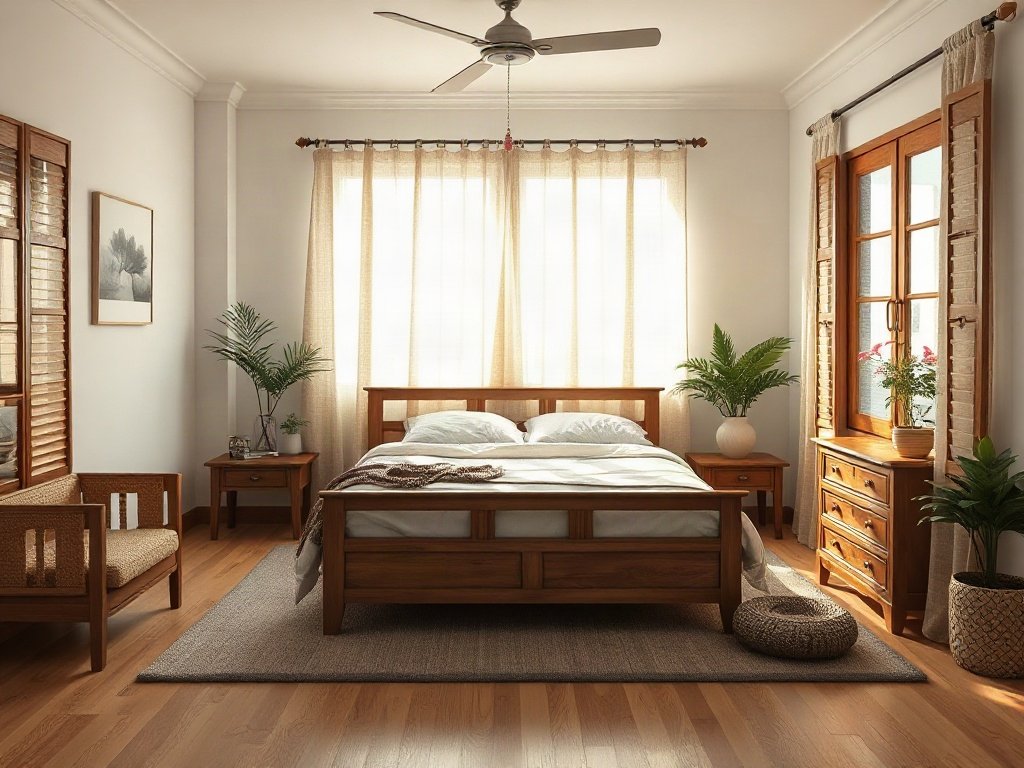 Toàn cảnh phòng ngủ với nội thất gỗ tự nhiên, không gian sáng sủa.
