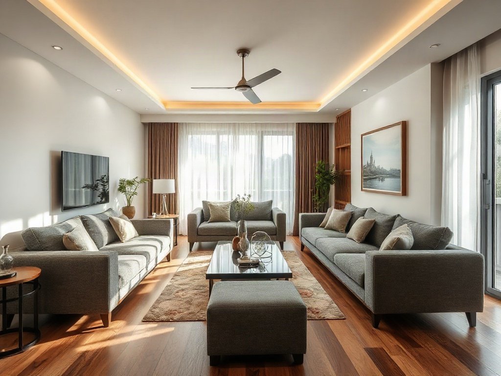 Nội thất bằng nỉ trong phòng khách hiện đại, ánh sáng tự nhiên