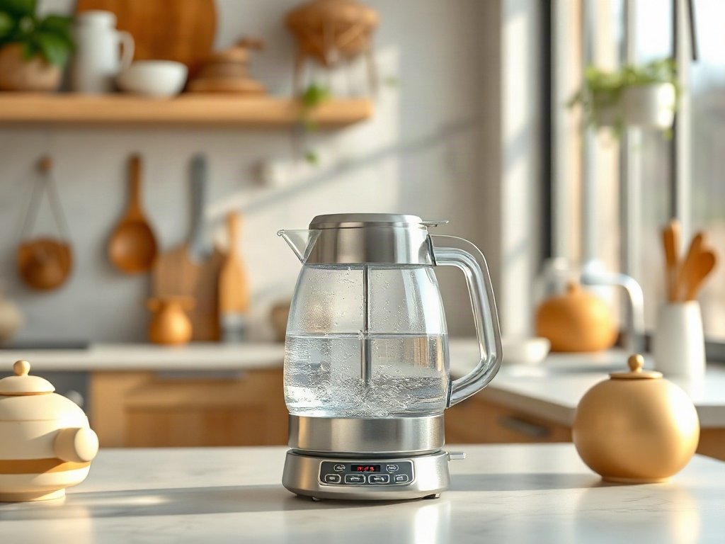 Toàn cảnh ấm siêu tốc trong nhà bếp Việt Nam với ánh sáng tự nhiên.