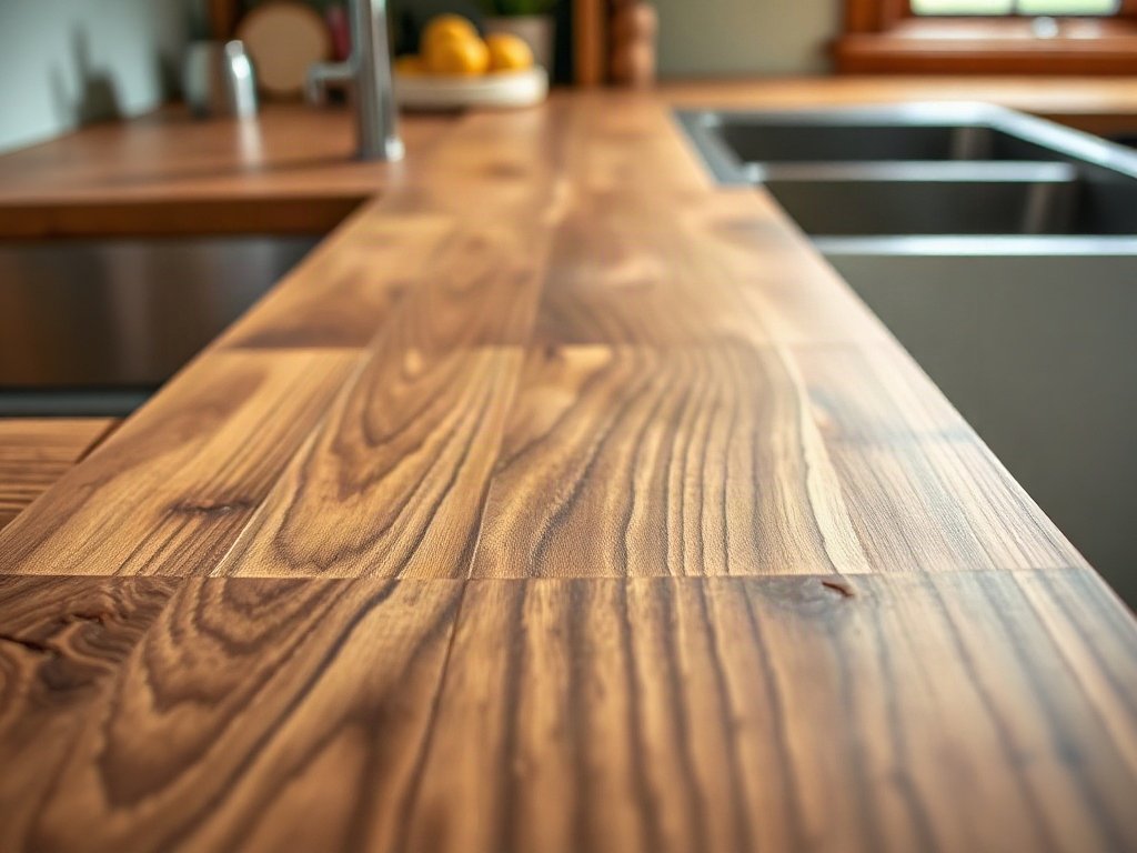Cận cảnh vân gỗ tự nhiên trên bề mặt bếp gần bồn rửa bát