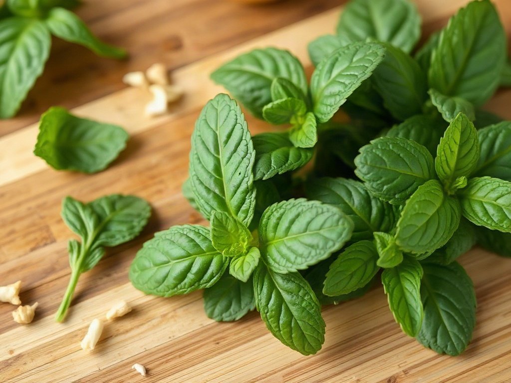 Cận cảnh lá bạc hà tươi trên thớt gỗ