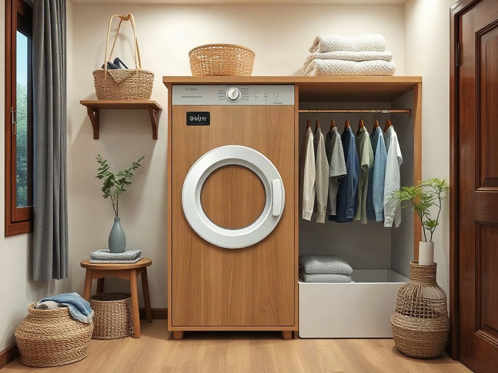 Máy sấy quần áo gỗ sồi phối hợp trong nội thất phòng giặt của gia đình Việt.