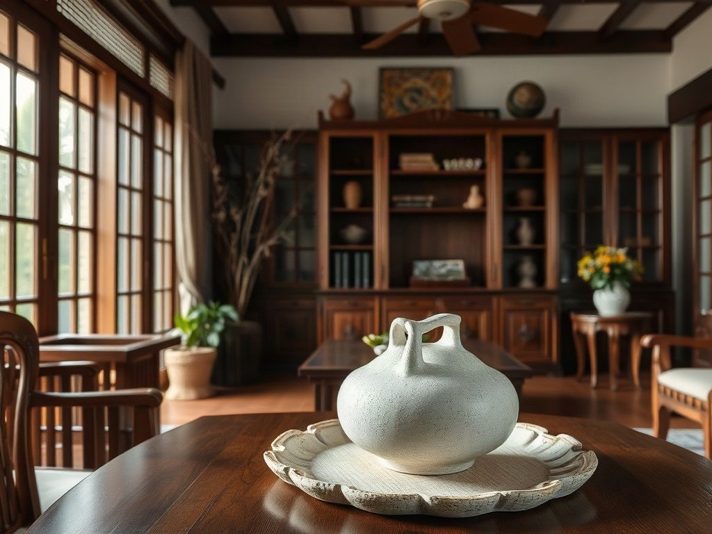 Gốm sứ bị mẻ phối hợp hài hòa với nội thất gỗ