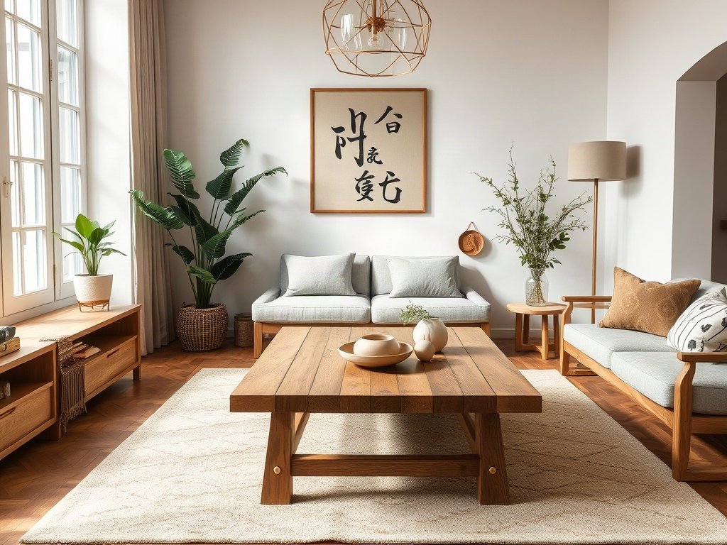Bàn gỗ phối hợp nội thất phòng khách theo phong thủy.