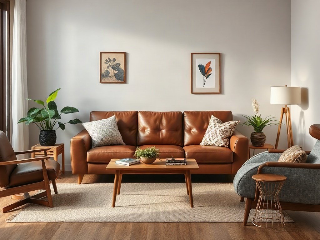 Ghế sofa da trong phối cảnh phòng khách Việt, cùng phong thủy.