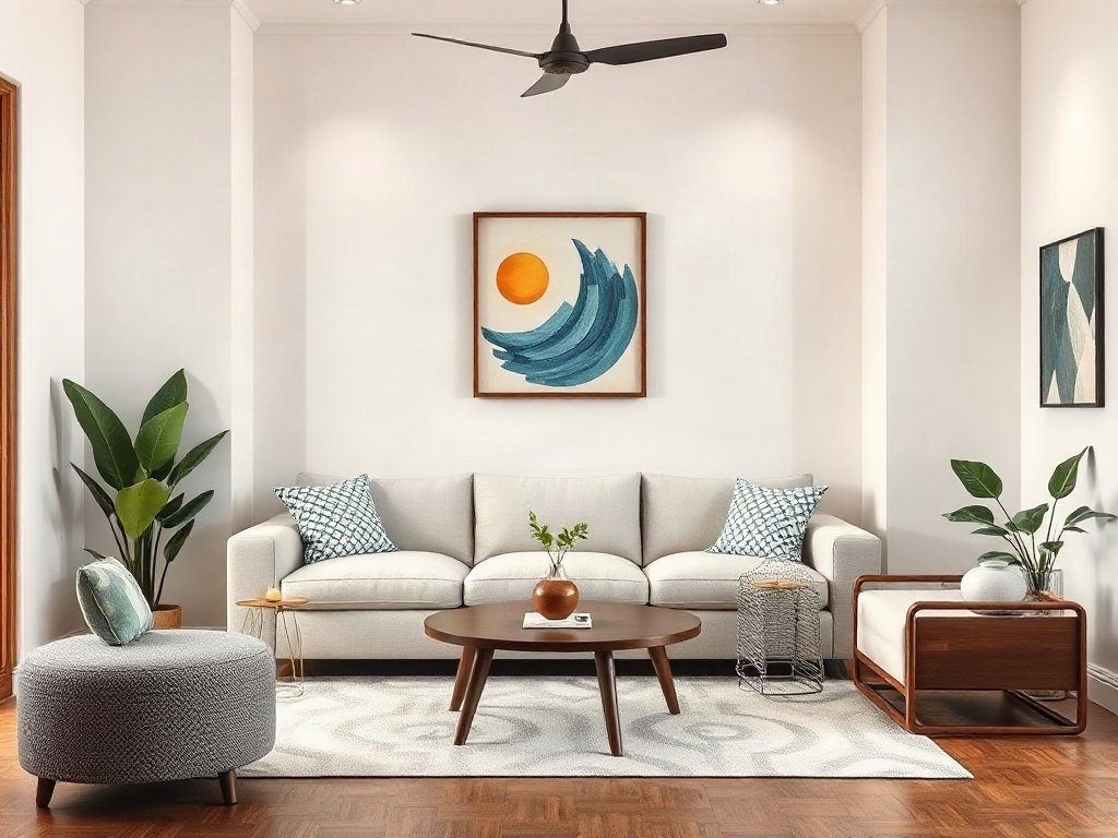 Ghế sofa vải bố bày trí hợp phong thủy trong phòng.