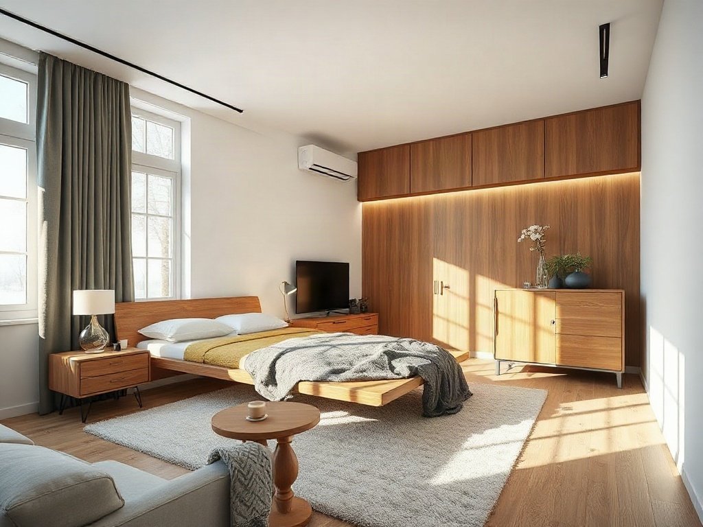 Phòng ngủ hiện đại kết hợp nội thất gỗ với ánh sáng tự nhiên.