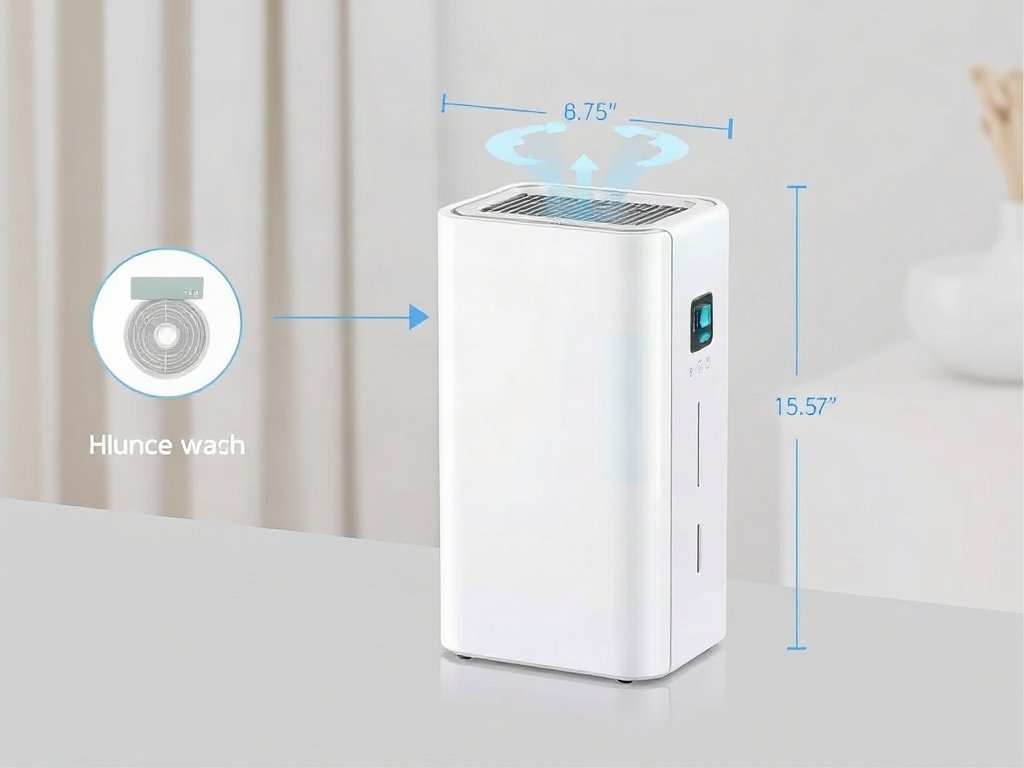 Hình ảnh minh họa kích thước và chức năng của máy lọc không khí mini.
