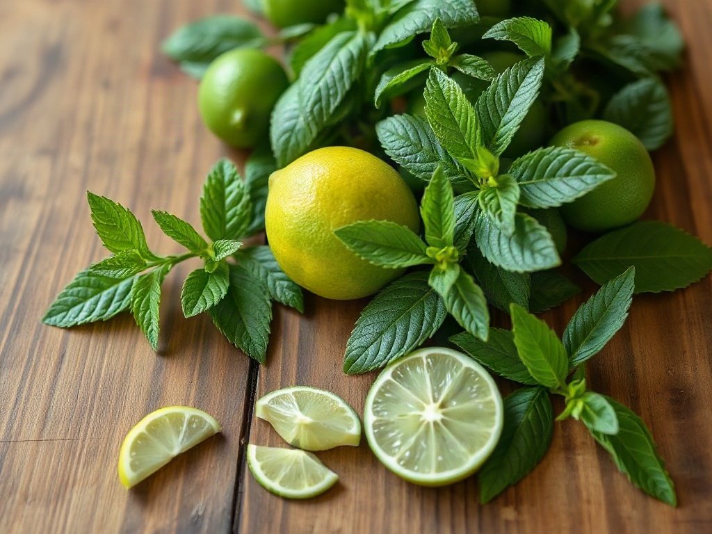 Chanh và lá bạc hà trên bàn gỗ
