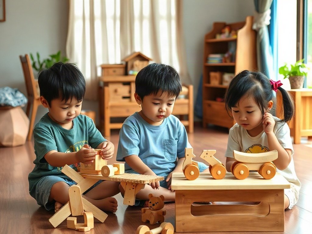 Trẻ em sử dụng đồ chơi gỗ, kích thước và công năng thực tế.