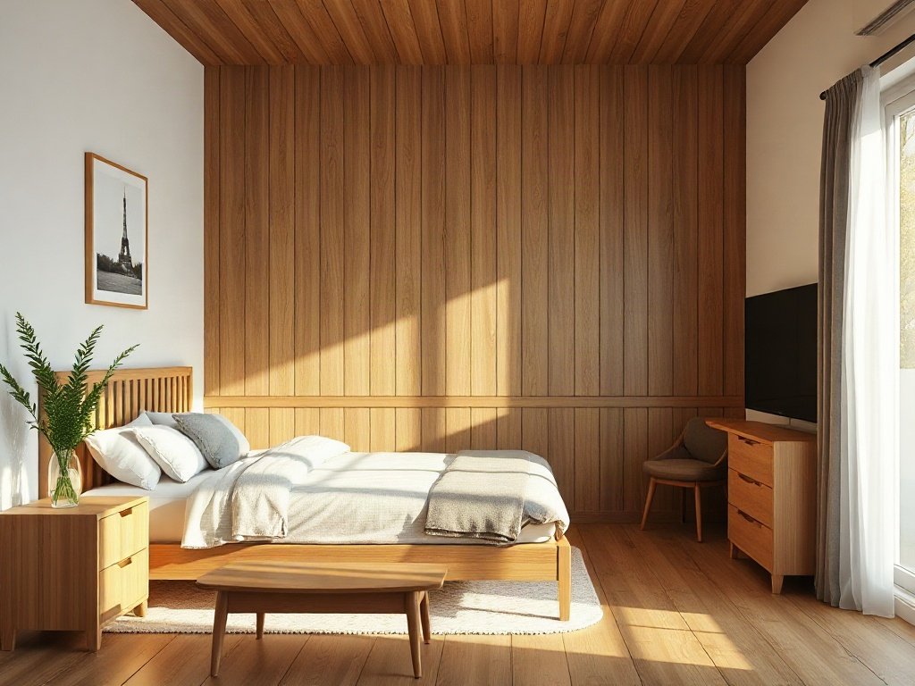 Bố trí và công năng sử dụng của phòng ngủ với đồ nội thất gỗ tự nhiên.