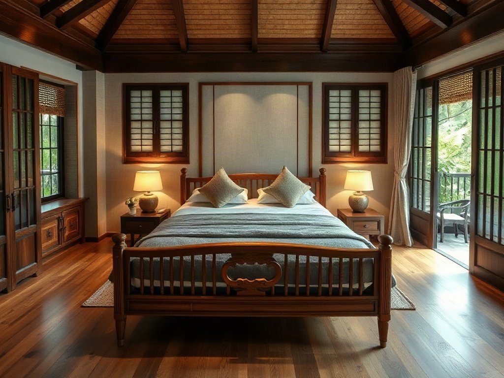 Phòng ngủ gia đình với giường gỗ tại Việt Nam