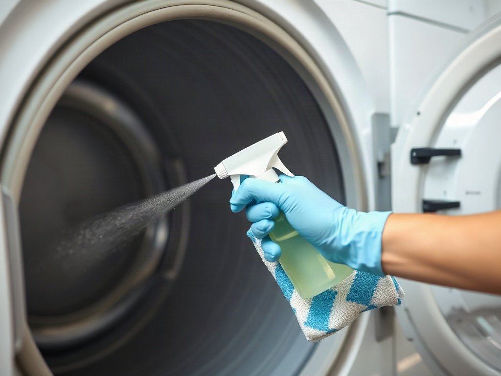 Khử trùng bên ngoài máy sấy quần áo bằng bình xịt.