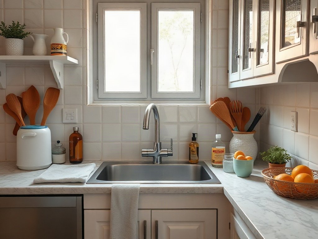 Khu vực bồn rửa bát sạch sẽ và gọn gàng.