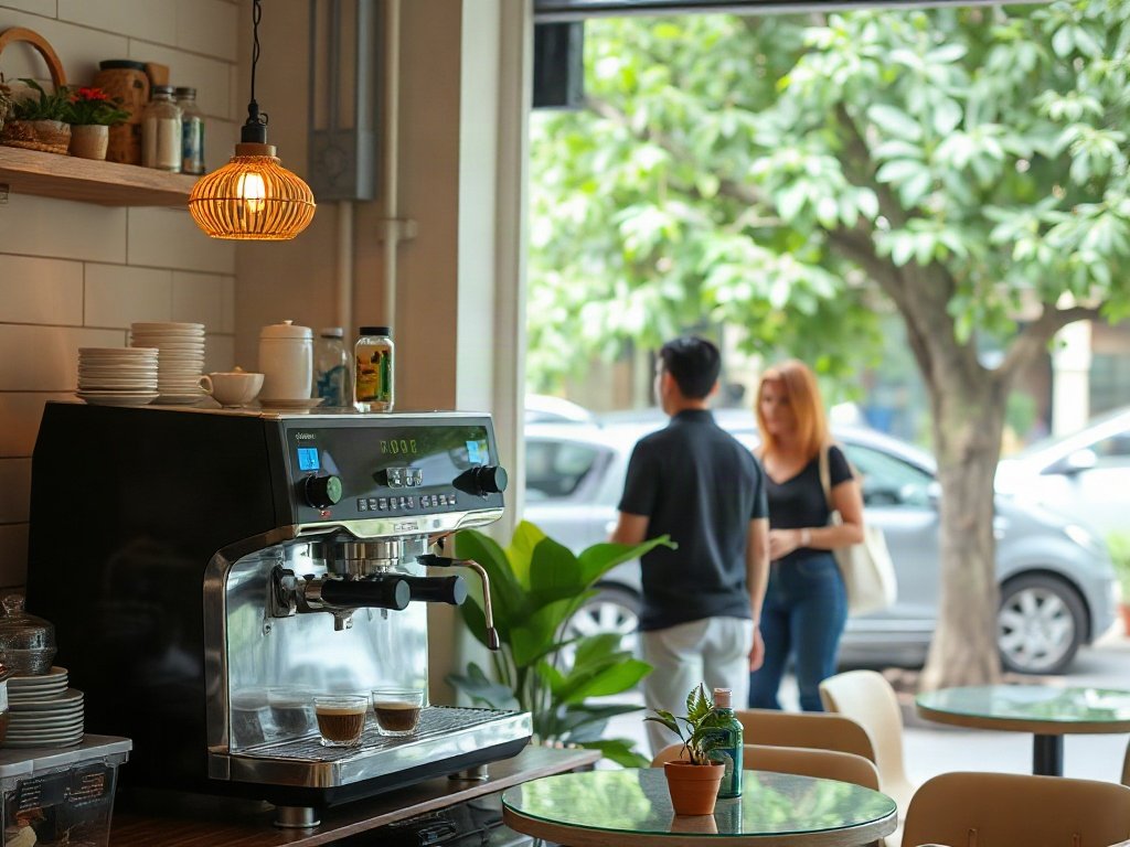Khung cảnh quán cafe tại Việt Nam với máy pha cà phê tự động.