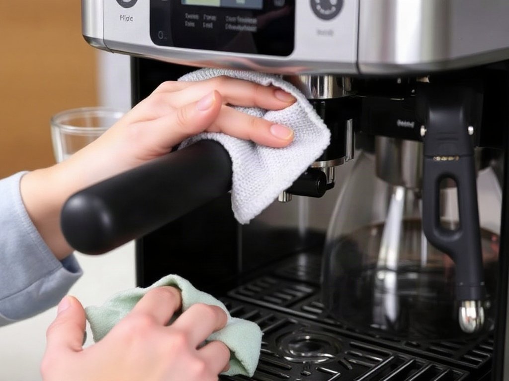 Lau khô các bộ phận máy pha cà phê bằng vải sạch.