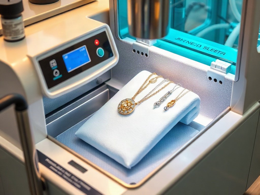 Máy làm sạch trang sức chuyên nghiệp đang hoạt động.