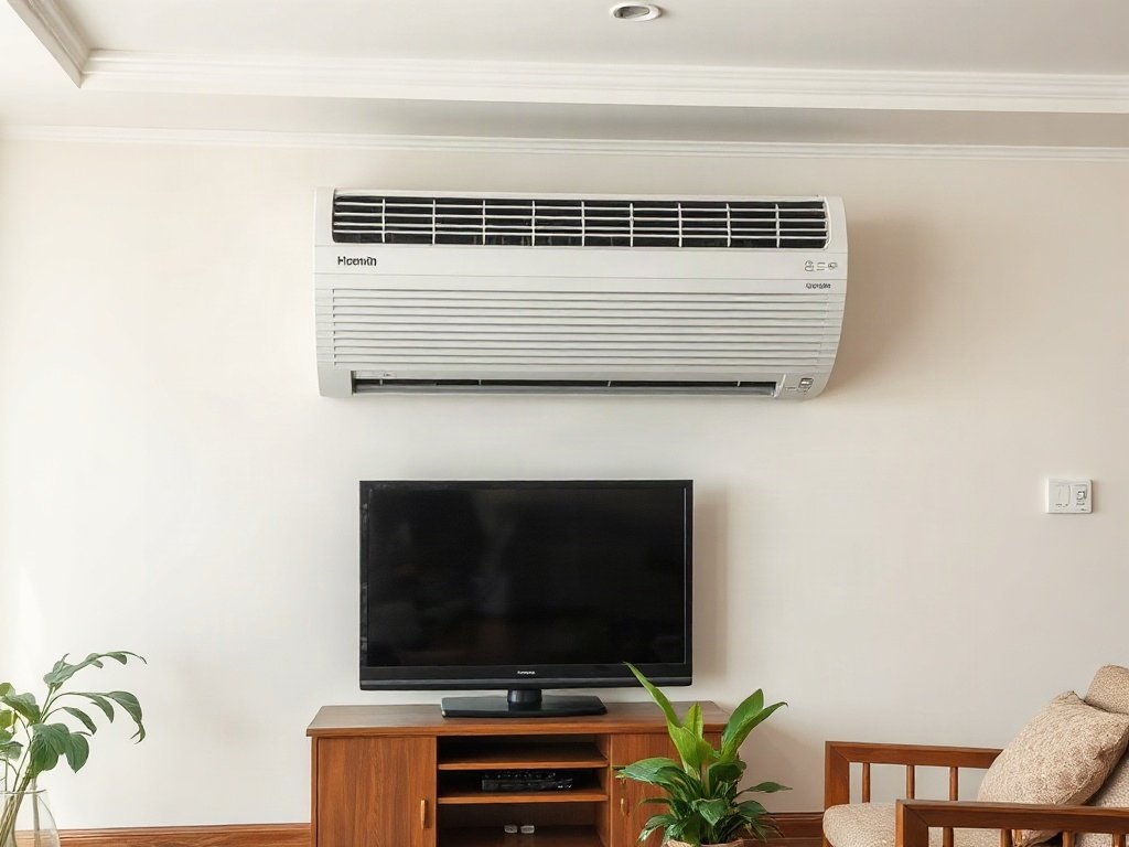 Máy lạnh treo tường sạch sẽ trong phòng khách Việt.