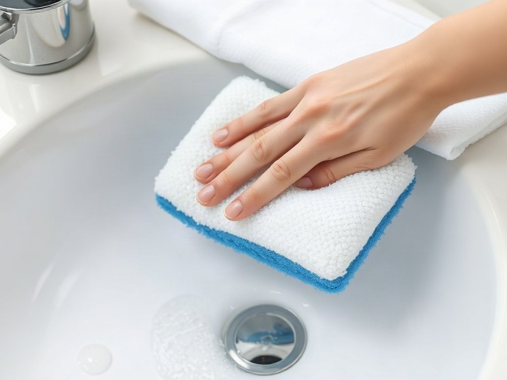 Miếng bọt biển với nước rửa chén làm sạch bồn rửa