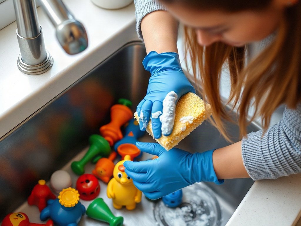 Một người phụ nữ đeo găng tay, làm sạch đồ chơi bằng nhựa với xà phòng và bọt biển.
